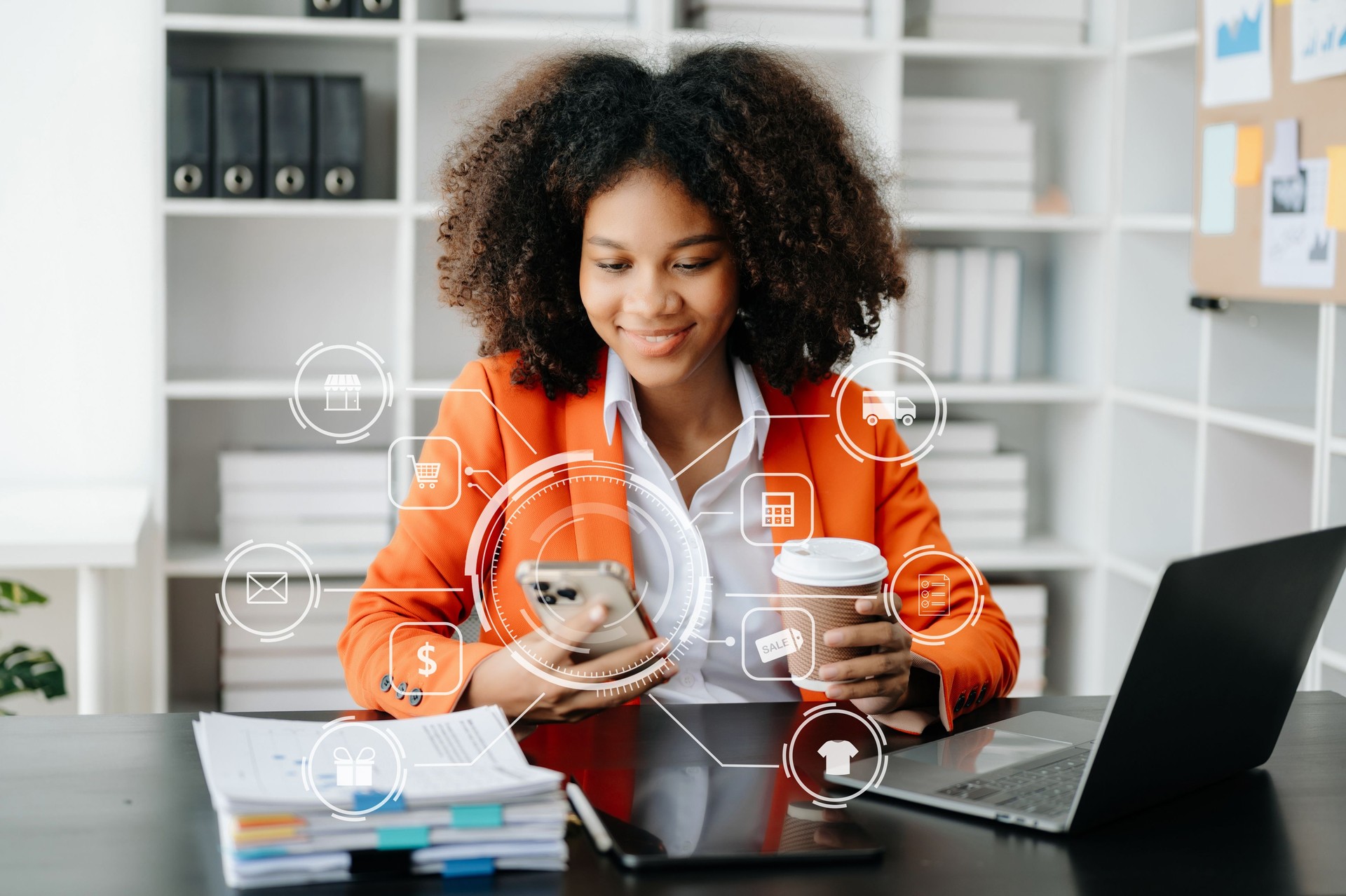 Woman Hand using tablet ,laptop, and holding mobile phone with credit card online banking payment communication network, internet wireless application virtual icon